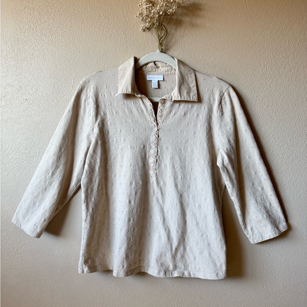 Charter Club | 3/4 Sleeve Tan Cream Top with Embroidered | Size L